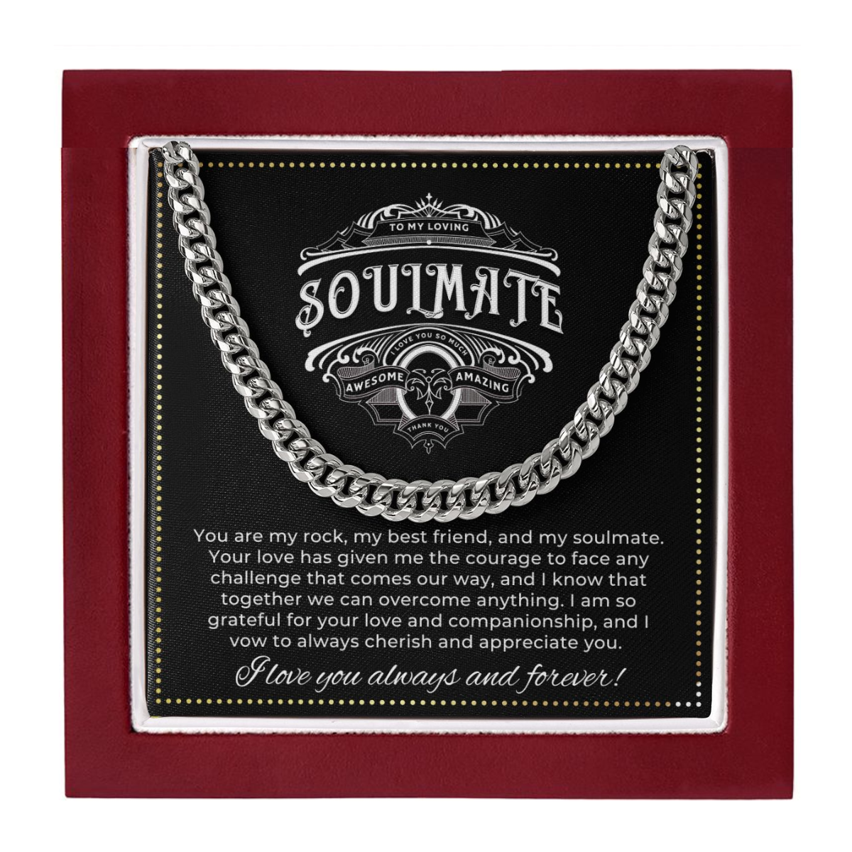 JGF Jewelry Gifts for Family | Mens Sterling Silver Cuban Chain Necklace | To My Soulmate Gifts For Him